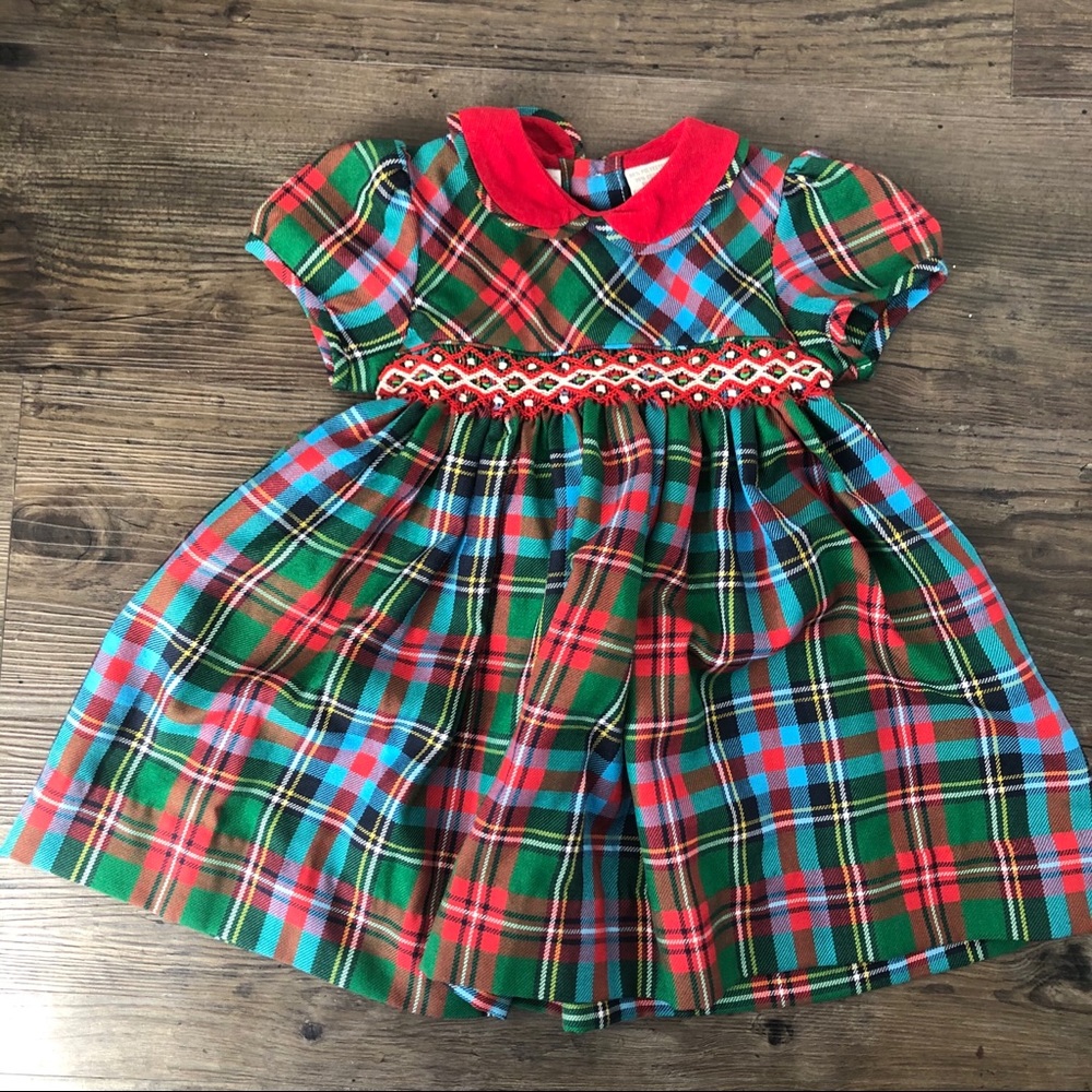 Carriage Boutique Holiday Dress Red Green Plaid Collared Smock Cotton 12 Months